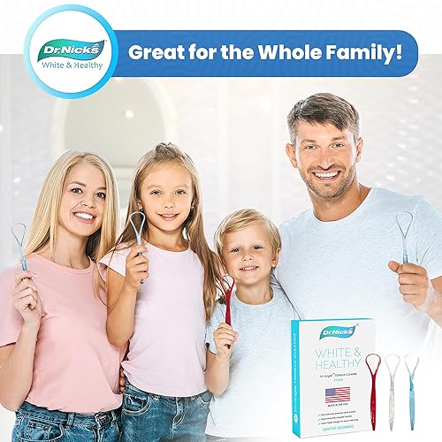 Miniatura 5 de Raspador de lengua (paquete de 3) 100% libre de BPA, dentista diseñado para un aliento fresco, limpiador de lengua de plástico Dr. Nick's White y