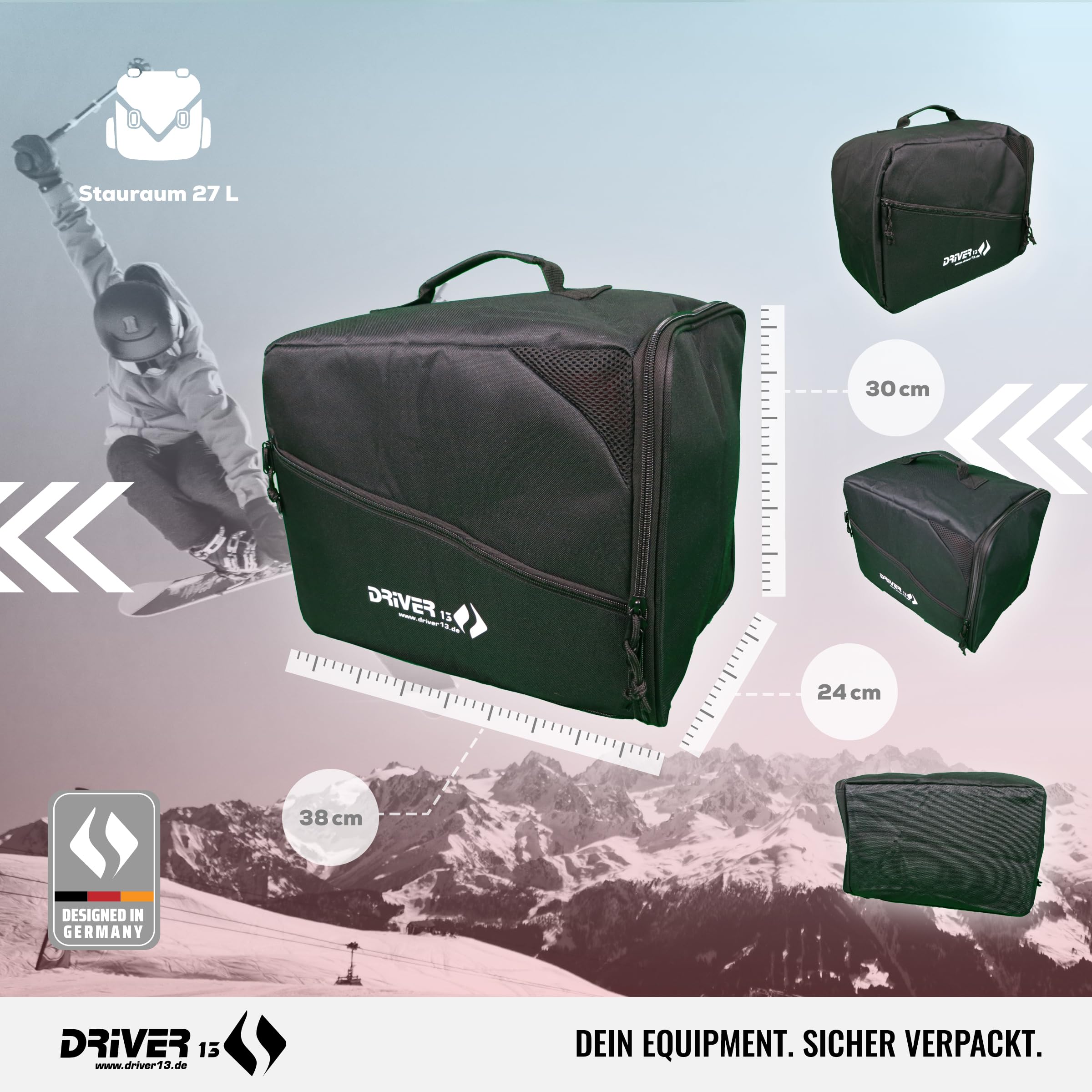 Driver13 borsa casco per casco da sci e casco da motocross, helmet bag imbottita con ventilazione e tasca accessori, nero