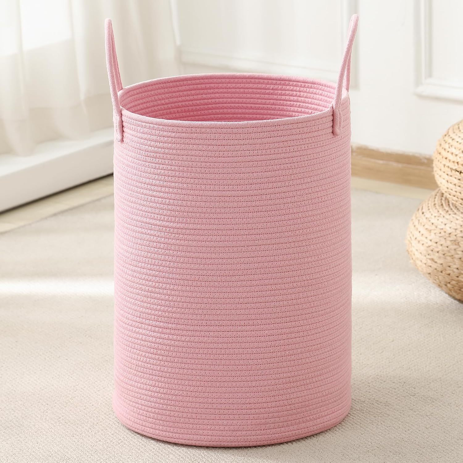 Laundry Basket Hamper Tall Rope Storage Woven for Blanket toys Dirty Clothes in Living Room Bathroom Bedroom (Pink, 80L/21.3Gal)