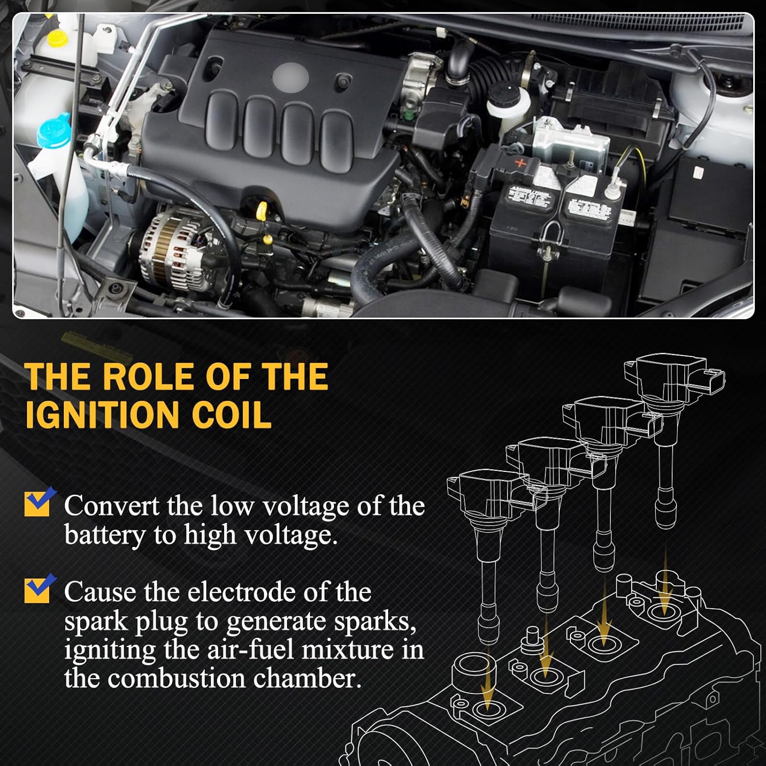 UF350 Ignition Coil Pack Compatible with 2002-2006 Nissan Altima,2002-2008 Nissan Sentra,2002-2013 X-Trail 2.5L L4 Replaces# 5C1395, C1398,22448-8H310, 22448-8H315,224488H311,22448-8H300
