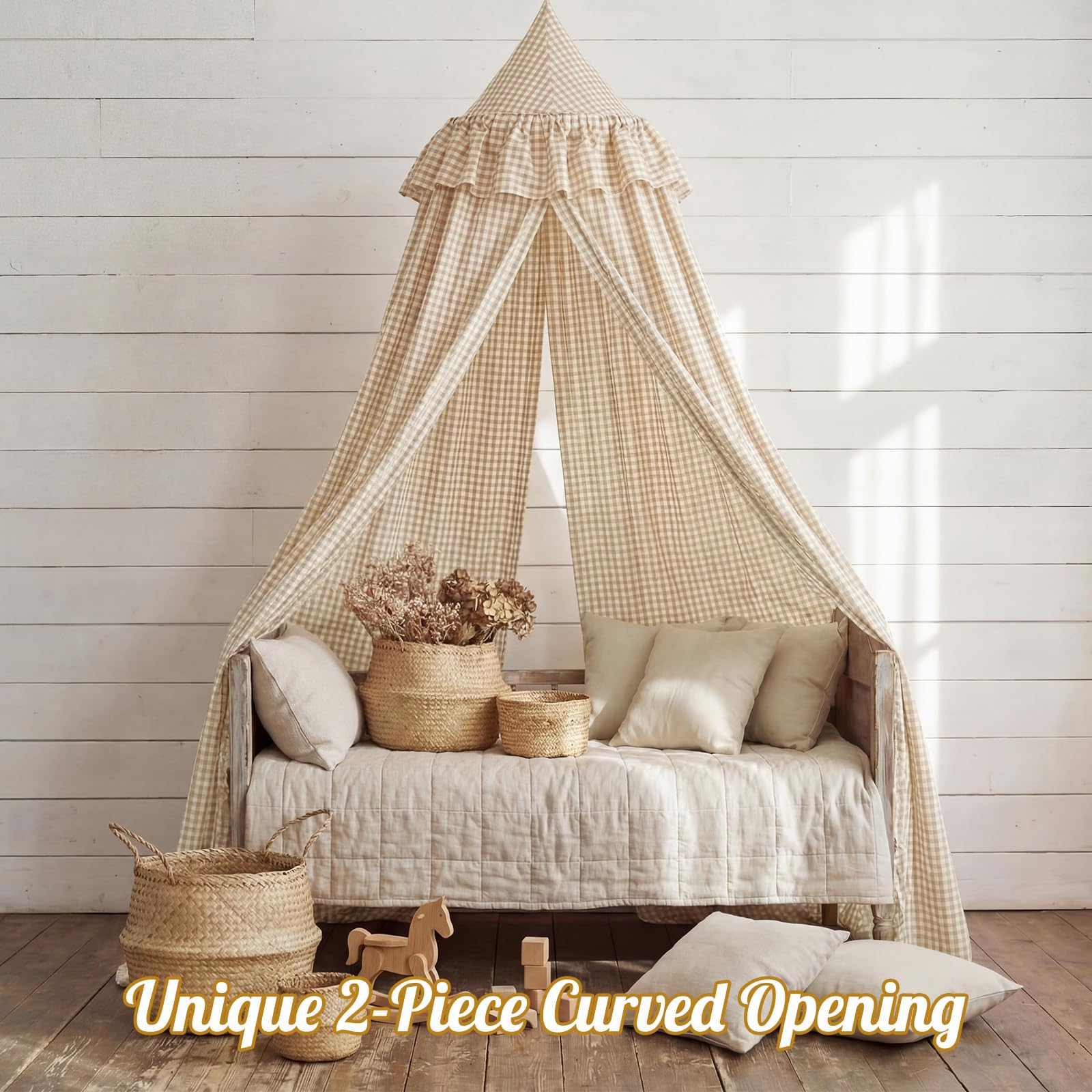 SmoothNovelty Gingham Plaid Bed Canopy with Ruffles Soft Vintage Style Decorative Tent for Reading Nook Play Area or Adult Bedroom Circus Tent Canopy(Beige) — view 4