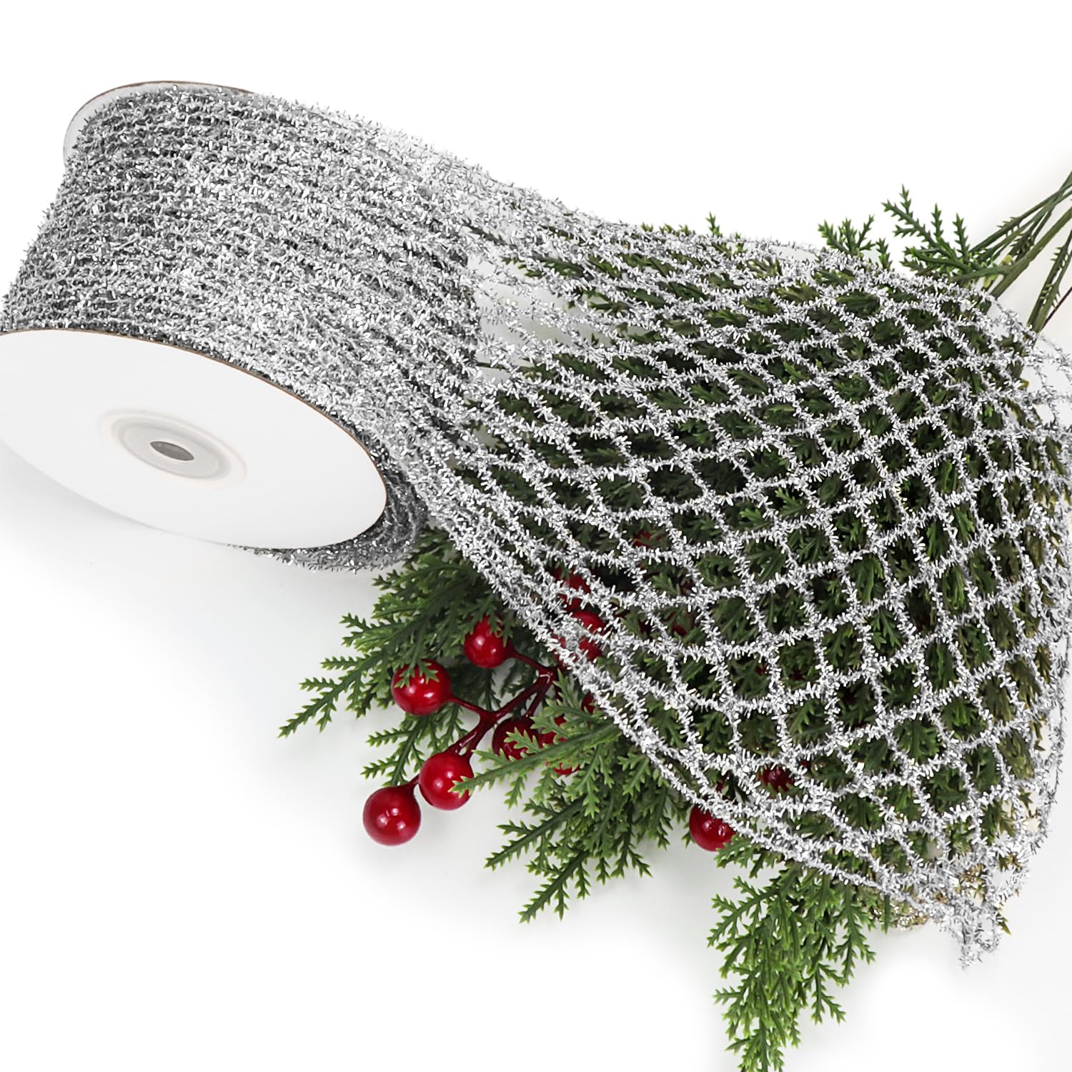 Nastro Natalizio A Rete Metallica Con Strisce Rosse E Bianche E Lamina Argento Iridescente, 25,4 Cm X 9,1 M, 2 Rotoli, Per Decorazioni Albero E Ghirlande - 3