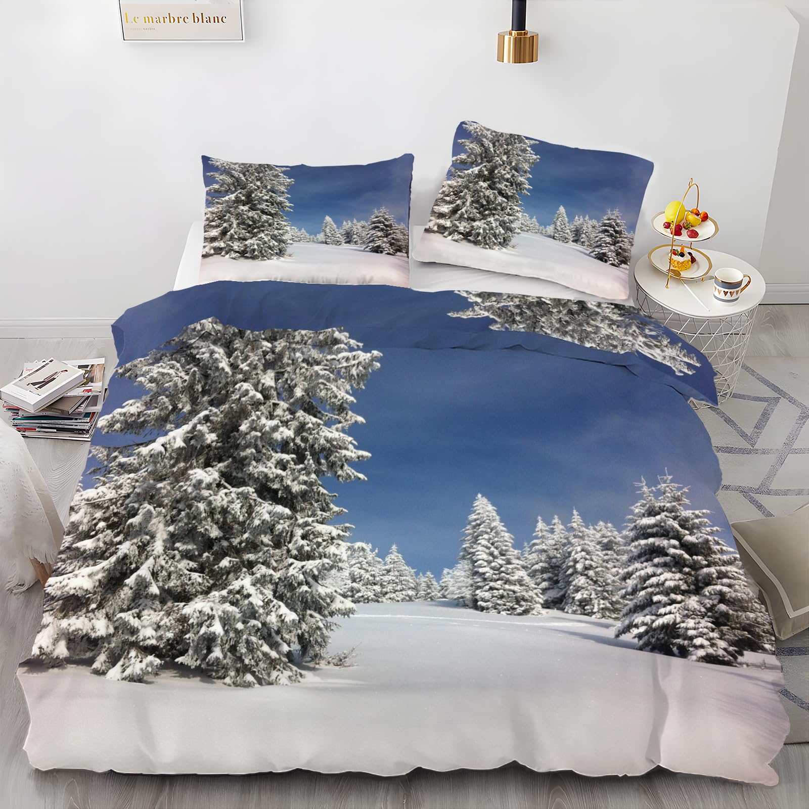 Niebieska sosna zestawy pościeli w rozmiarze king size - nadruk w płatek śniegu poszewka na kołdrę + 2 poszewki na poduszki 48 x 74 cm, 110 g mikrofibra nadająca się do prania, hipoalergiczna z