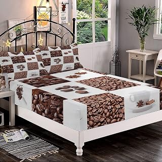 XISUNYA Decorative Bedding Sheet Set Queen Size, Kitchen Deep Pockets Fitted Sheet & 2 Pillow Sham Set, Coffee with Roasted Beans Concept Collage Hearts Print Microfiber 3pc Bed Sheets Set