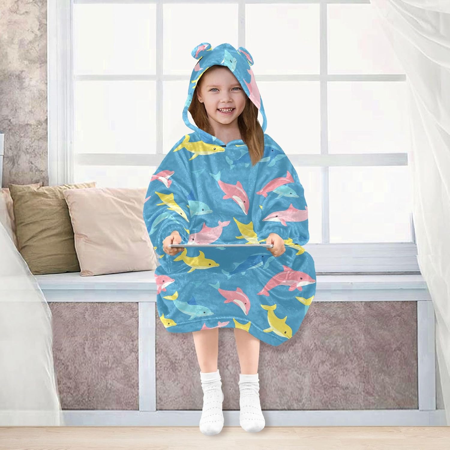 Dolphins Animal Kids Wearable Blanket Hoodie with Pocket and Sleeves for Toddlers, Cute Hoodies Girls Boys B0403826