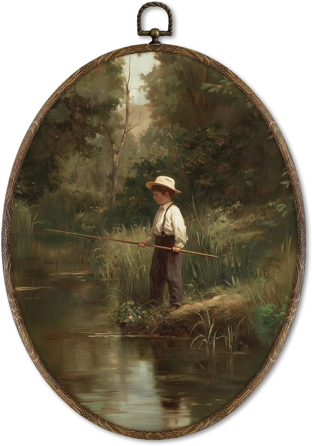 XNXLDYLH Rustic Hunting Fishing Oval Framed Wall Art Decor, Antique Vintage Boy Hunting Nursery Hanging Wall Decor Decorations for Boys Room, Country Lake Canvas Prints Wall Art Paintings, 8.5x11.5In