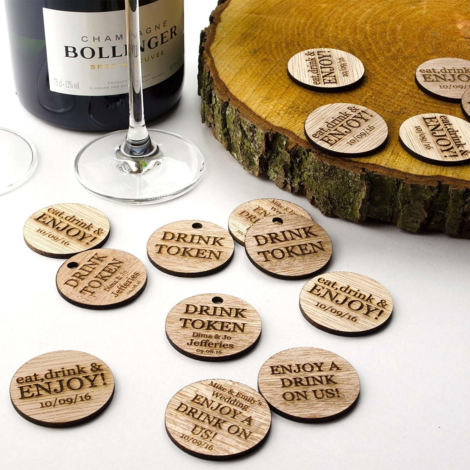 Personalised Rustic Wooden Drink Tokens or Vouchers, Circle or Disc Wedding Favours, Vintage Invitations. (160)