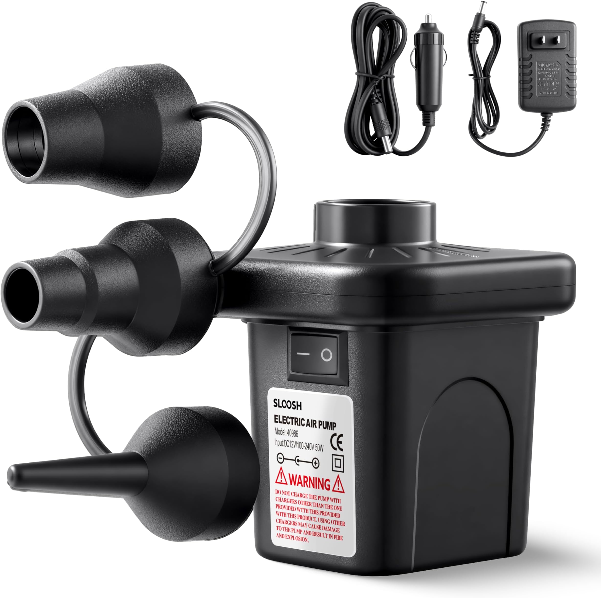 SLOOSH Electric Air Pump for Inflatables, Quick-Fill Inflator Deflator with 3 Nozzles, Portable Air Mattress Pump for Beds, Pool Floats, Swimming Rings,Outdoor Camping Inflatable, AC/DC Adaptors