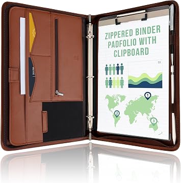 STYLIO Zipper Portfolio | Padfolio 3 Ring Binder 1" and Clipboard Folio Removable | Portfolio Organizer for Documents, Tablet, Phone |Faux Leather Binder for Men and Women | Tan Brown Color
