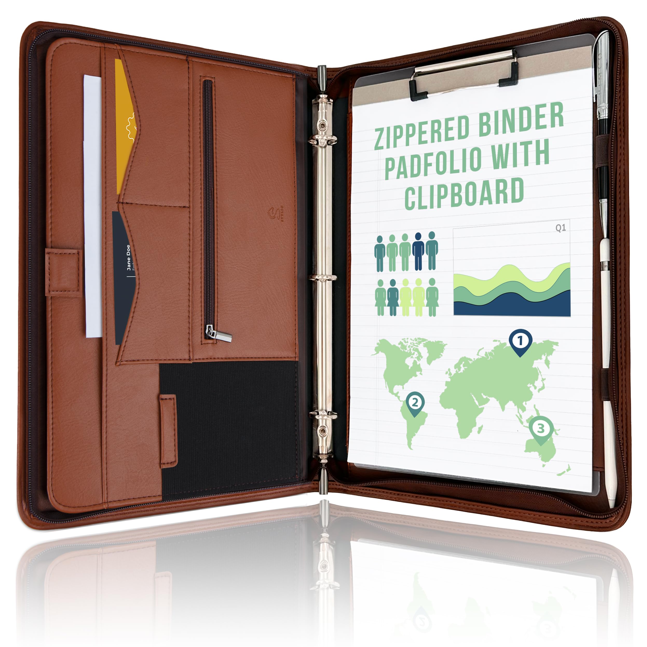 STYLIO Light Brown Zipper Binder | 3 Ring Padfolio & Clipboard (Removable) | Wallet Organizer for Documents, iPad, Tablet, Phone | PU Leather Binder