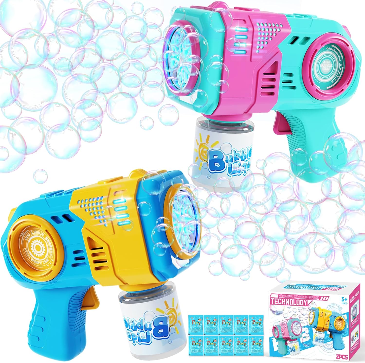 Bubble Gun for Kids 2 Packs, Led Lights Bubble Machine Blaster Blower with Solution, 10-Hole Bubble Maker for Toddlers Ages 3 4 5 6 7 8 Birthday Party Favor Outdoor Easter, Toys for Boys & Girls