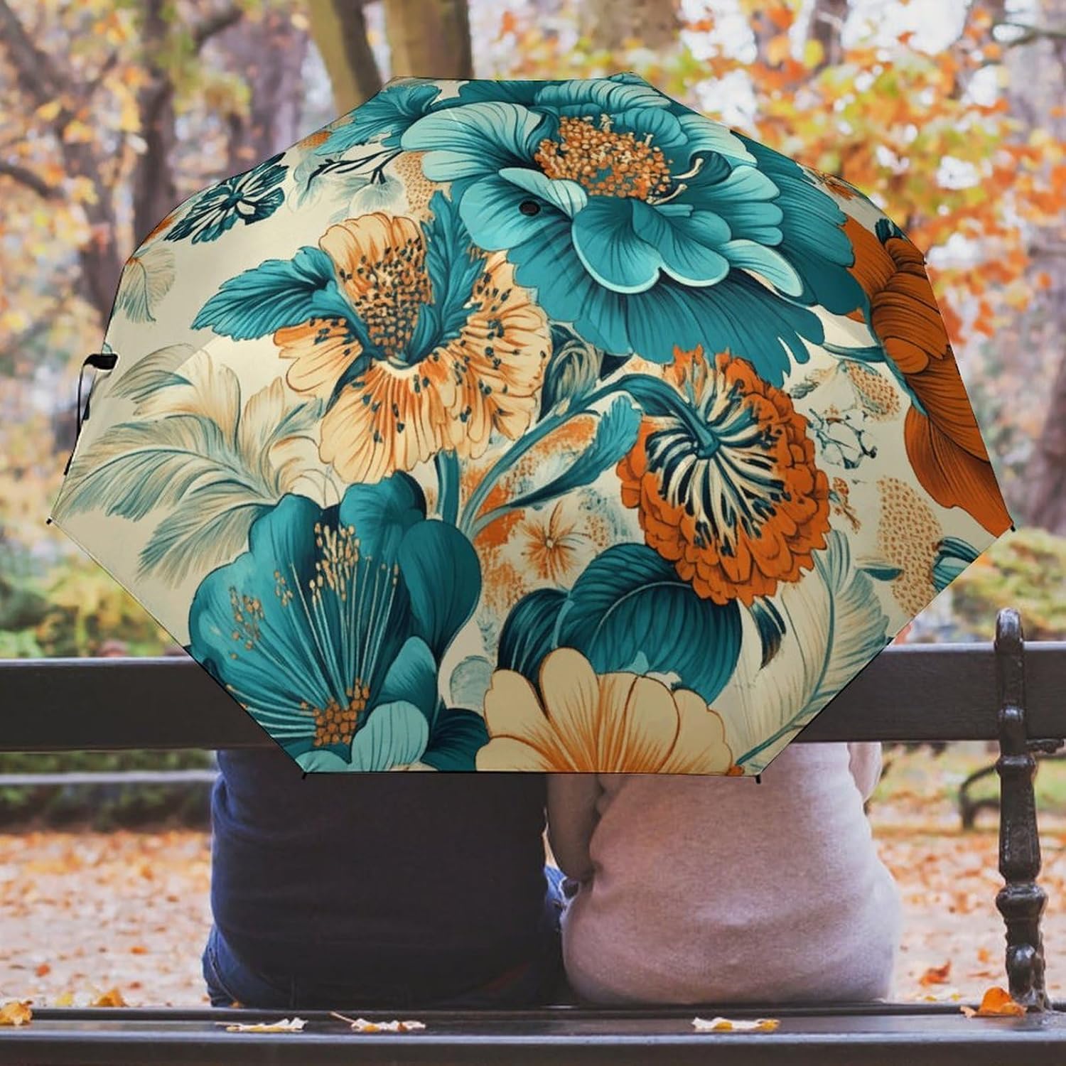 Retro Floral Pattern Golf Umbrellas-2 Fold Automatic,Windproof Umbrella with Portable,Strong,Folding Umbrella for Women Men