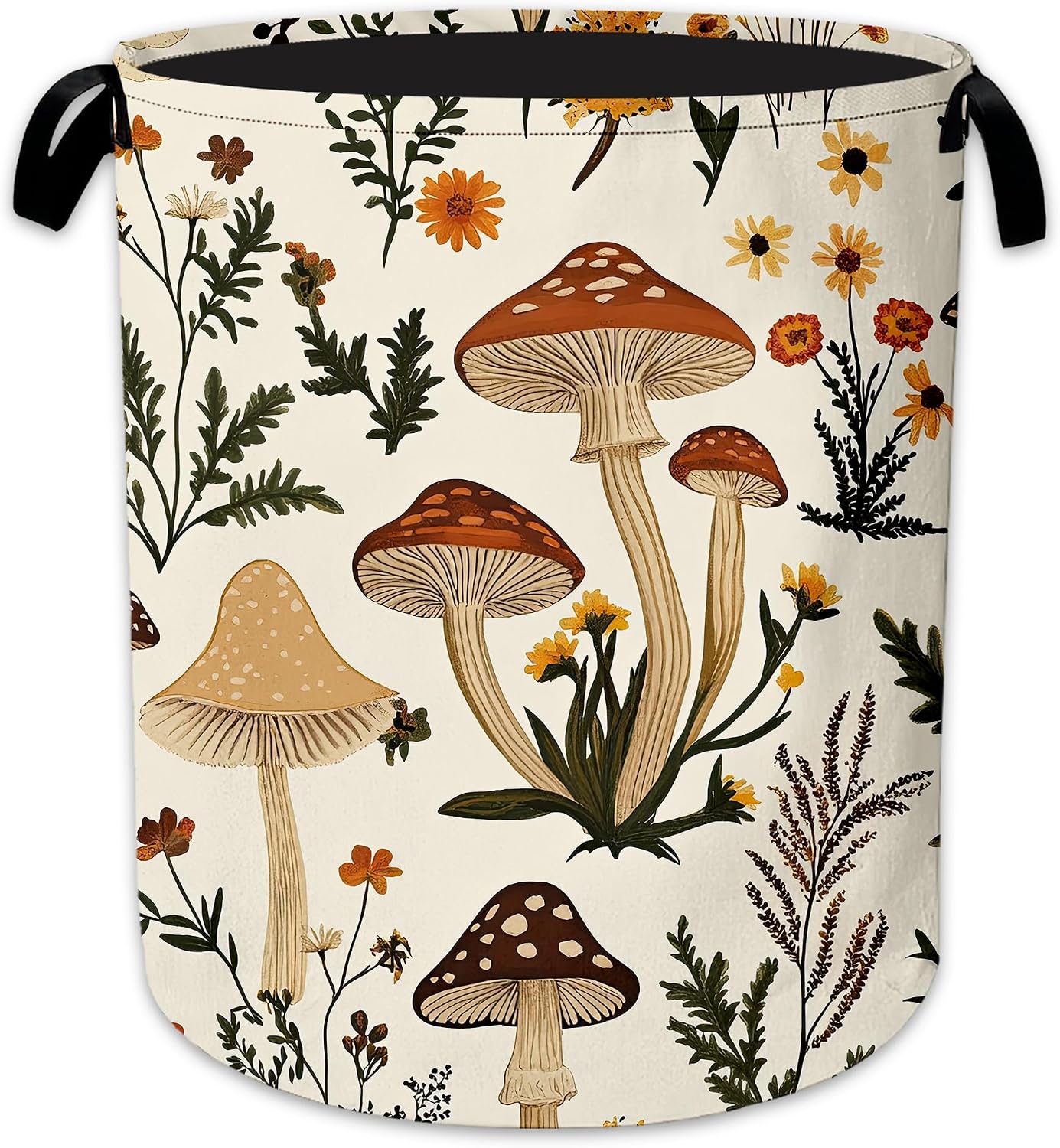 Mushroom Flower Laundry Basket, Foldable Oxford Cloth Botanical Garden Laundry Hamper with Handles, Tote Bag Clothes Storage Bucket for Laundry Room/Bathroom/Bedroom/Dormitories 20.8"x16"