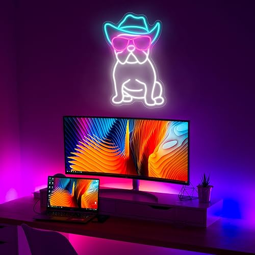 Miniatura 4 de Letrero de neón para decoración de pared, diseño de vaquero francés, con anteojos, luces LED de neón, accesorios de decoración de bulldog francés,