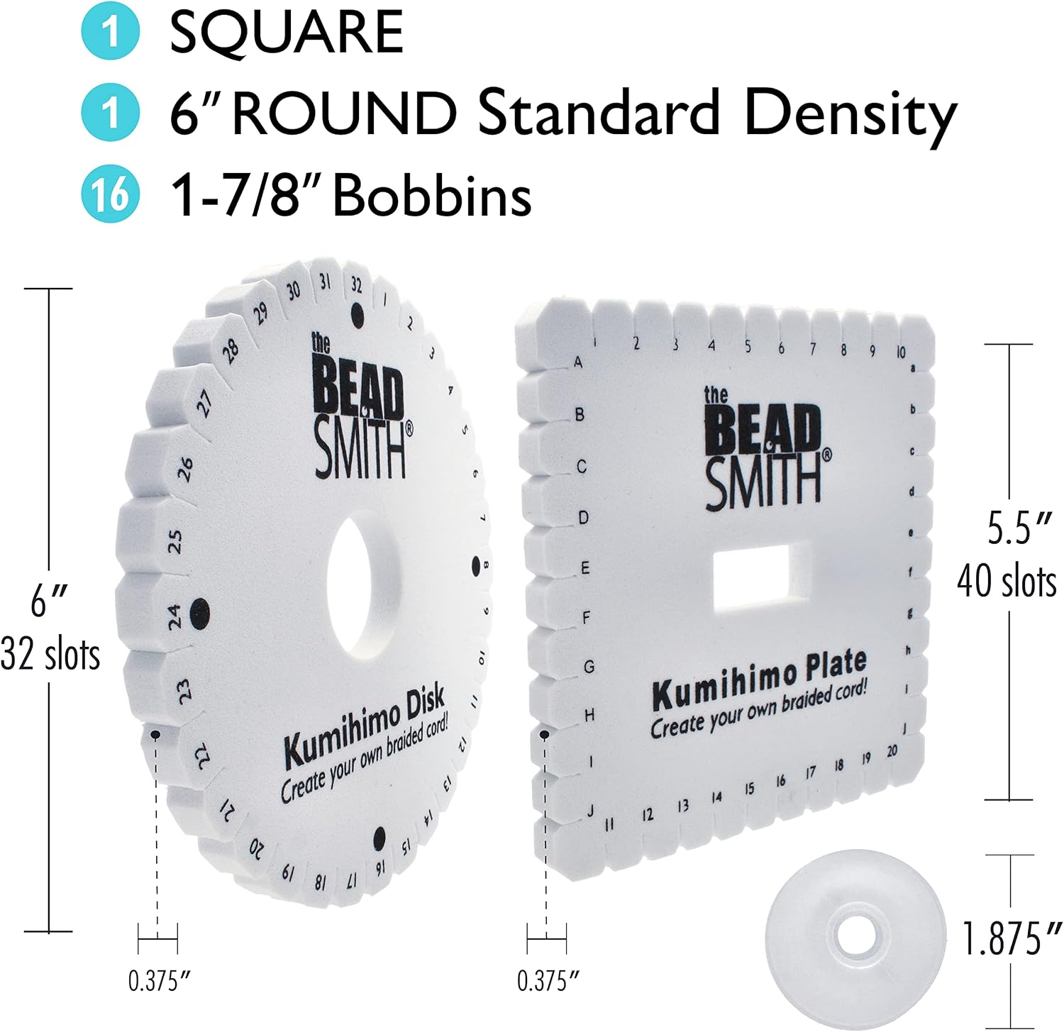 The Beadsmith Kumihimo 3-Piece Combo – 6” Round and Square Disks – 16 No-Tangle 1-7/8” Bobbins – Jewelry Tools for Kumihimo Braiding and Macrame Designs