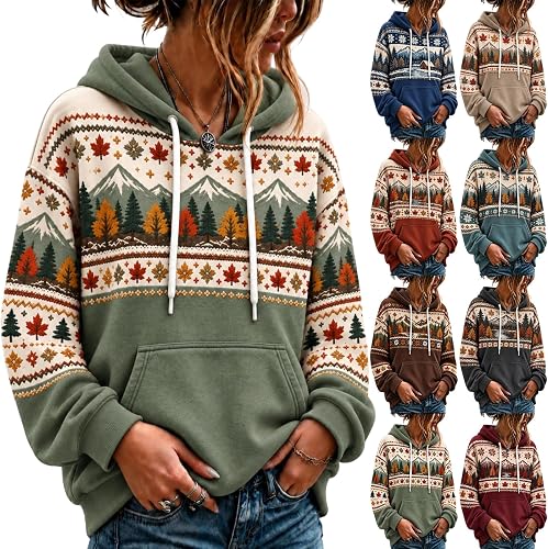 Womens Fair Isle Style Hoodie Boho Fall Maple Forest Tree Print Sweatshirt