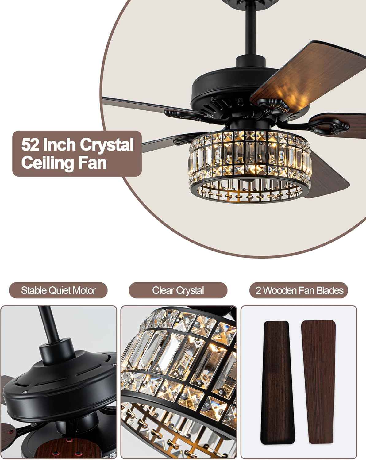 52 Inch Chandelier Fan Crystal Farmhouse Ceiling Fan with Light Quiet and Reversible DC Motor for Living Room Bedroom Patio