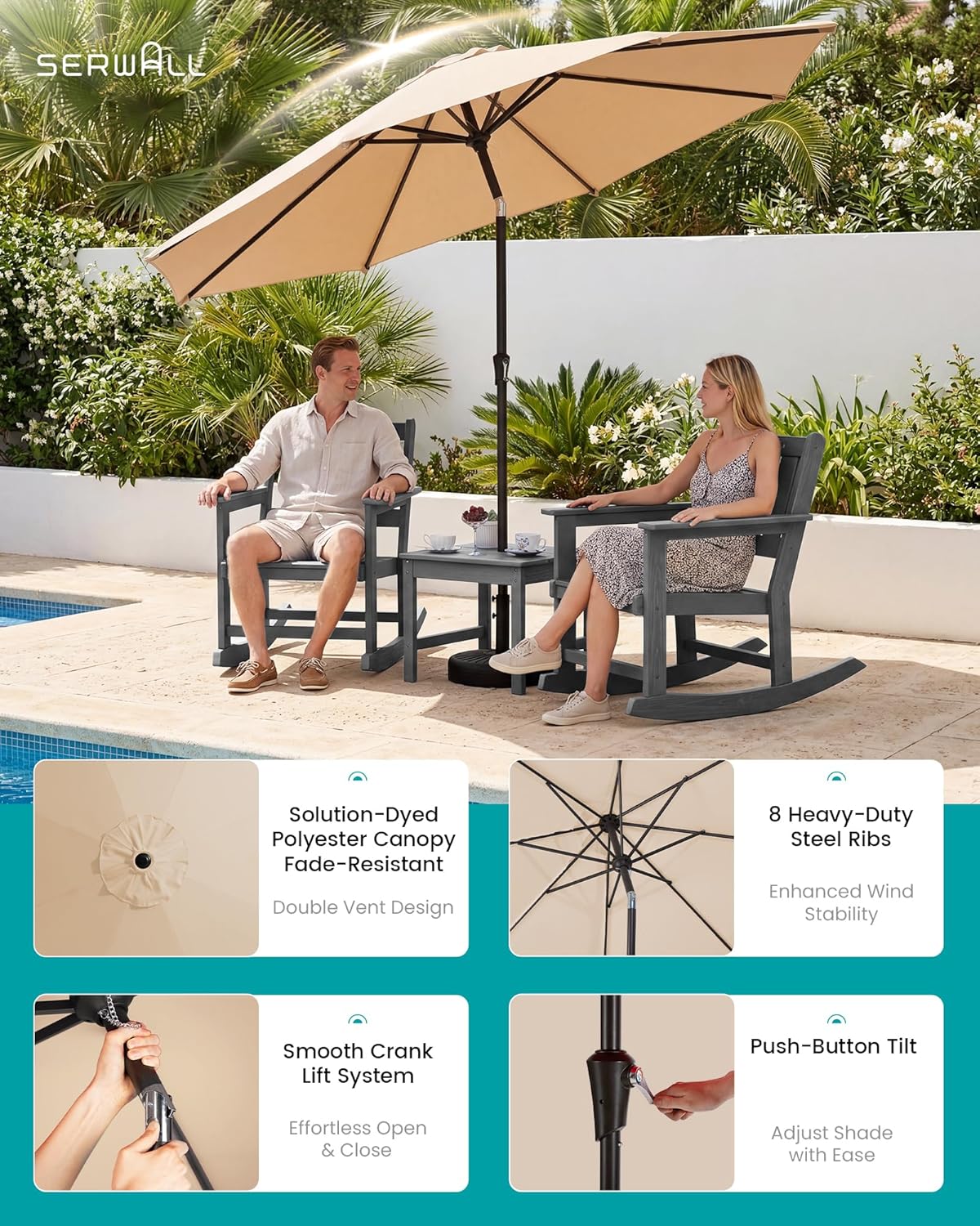 SERWALL Outdoor Rocking Chairs Set of 2 with 1 Side Table & 9ft Patio Umbrella, All-Weather HDPE 3 Piece Patio Furniture Set(Umbrella Base Not Included), Grey