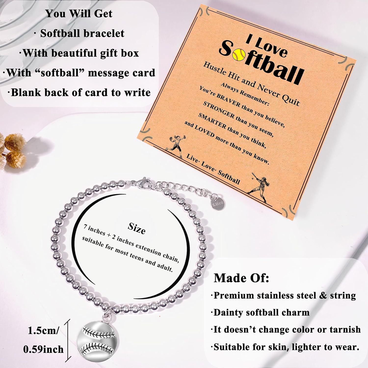 Simple Softball Bracelet for Teens Women, Inspirational Softball Gifts for Daughter, Granddaughter, Niece, Players, Teams, Coach - Image 7