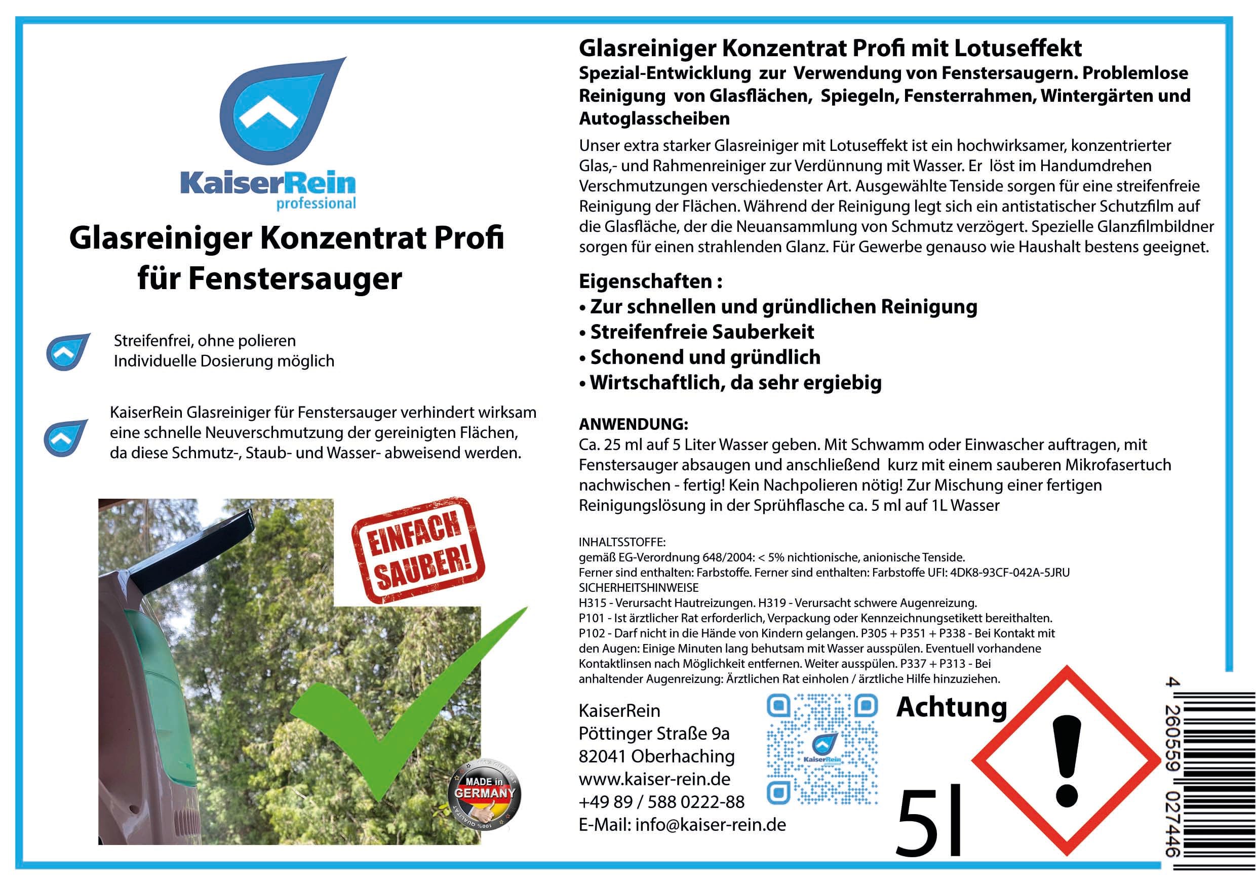 KaiserRein Profi Glasreiniger Konzentrat für Fenstersauger mit Lotuseffekt 5 L Kanister