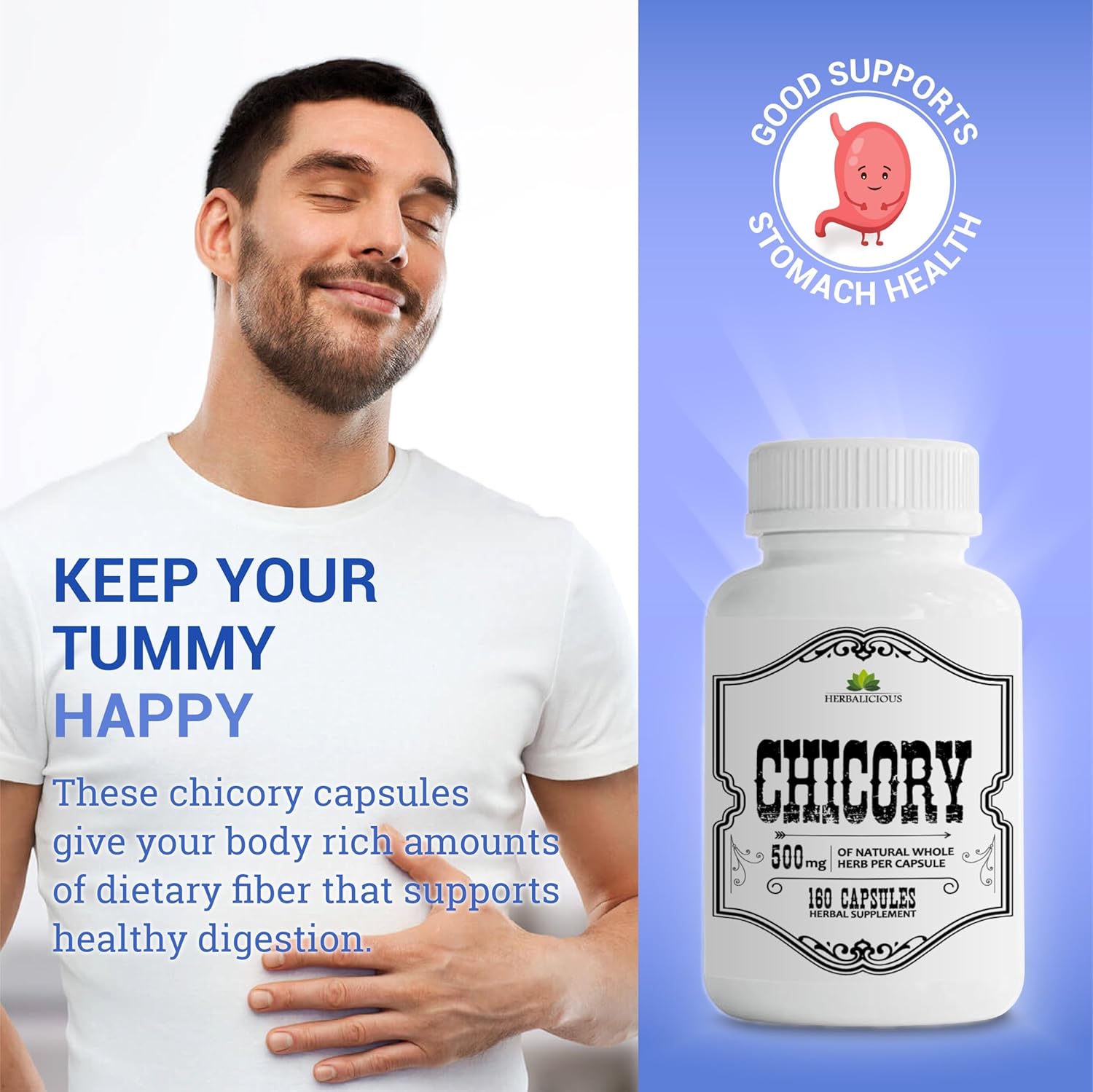 HERBALICIOUS Chicory Root Supplement - Organic Inulin Powder Prebiotic Pills for Women & Men - Natural Herbal Support for Immune System - 160 Capsules