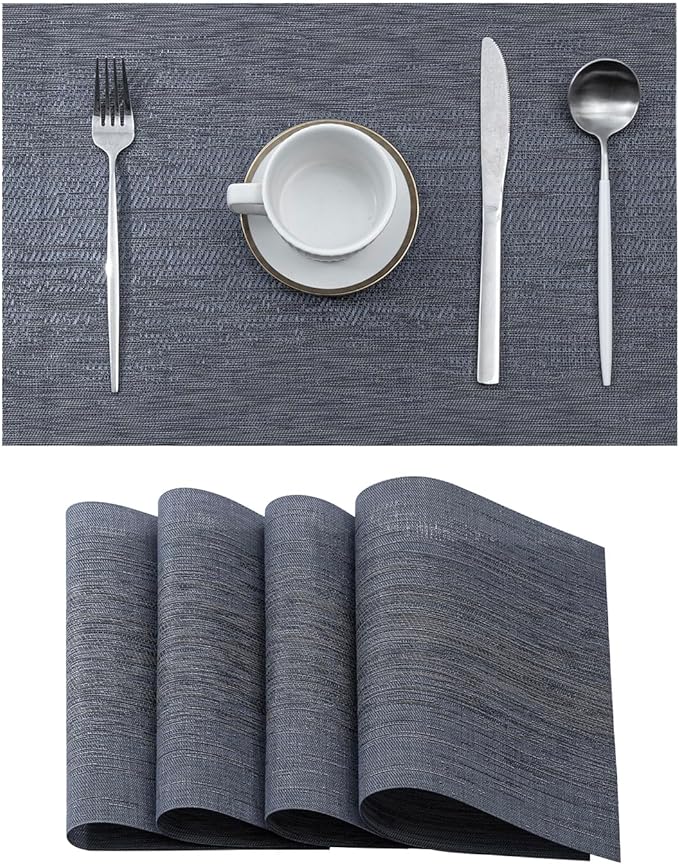 Leetaltree Linen Grey Placemats Set of 4 - Heat Resistant Non-Slip Place mats for Dining Table, Washable Durable PVC Vinyl Woven Table Mats（Linen Grey, 4）