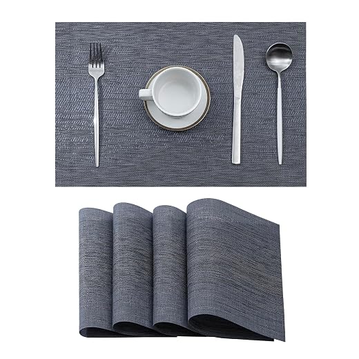 Leetaltree Denim Blue Placemats Set of 4 - Heat Resistant Non-Slip Place mats for Dining Table, Washable Durable PVC Vinyl Woven Table Mats（Denim Blue, 4）