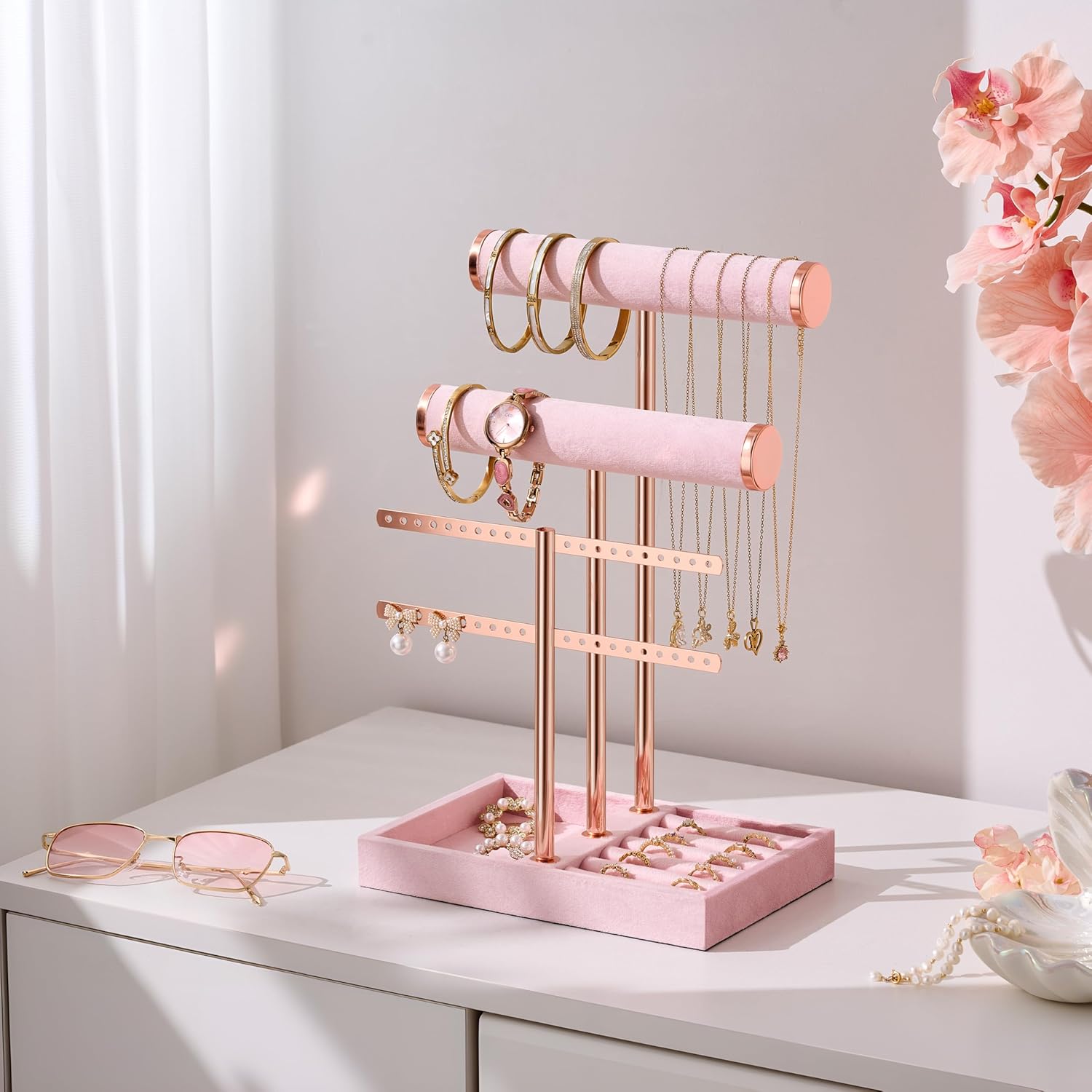 bussdis 3 Tier Bracelet Holder Display - Detachable T Bar Pink Velvet Bracelet Holder, Jewelry Holder Organizer for Bracelet, Necklace, Earrings, Rings