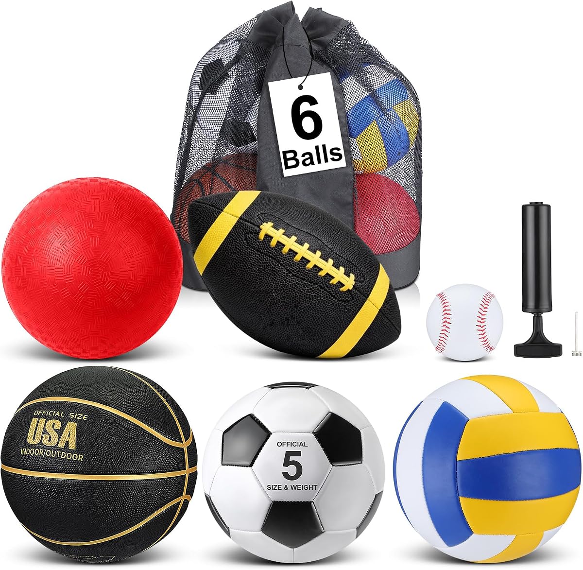 Libima 6 Pcs Multi Sport Ball Set Official Size Football Basketball Soccer Volleyball Playground Ball Baseball with Outdoor Sports Equipment Bag Pump Sports Gift