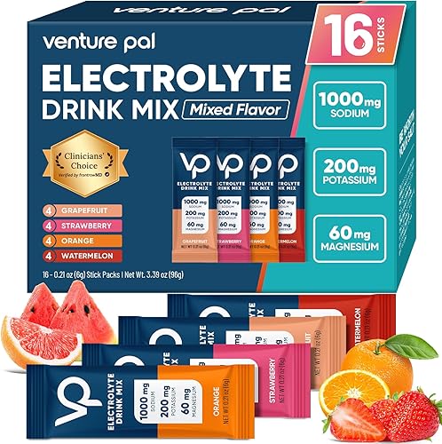 Venture Pal Paquete de electrolitos en polvo sin azúcar con alto contenido de sodio, paquetes de hidratación con vitamina, sodio y potasio, cero