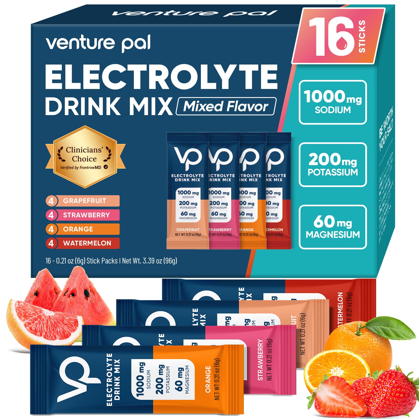 Venture Pal High Sodium Sugar Free Electrolytes Powder Packet - Hydration Packets with Vitamin, Sodium & Potassium | Zero Calories | Vegan, Keto & Paleo Friendly Electrolyte Drink Mix - 16 Sticks