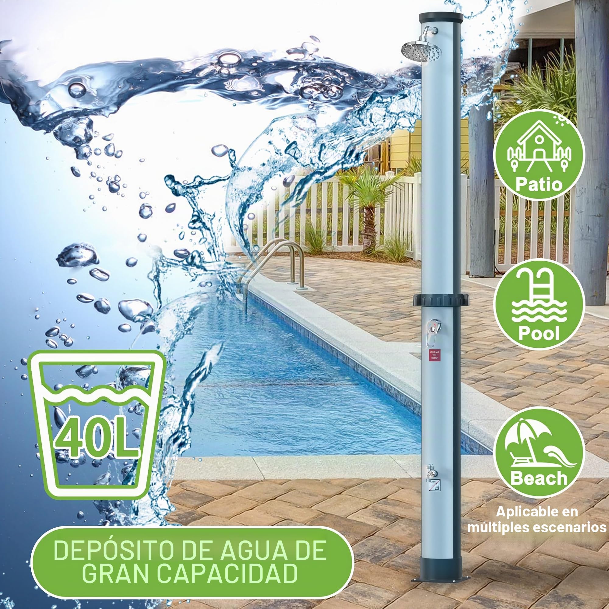 UISEBRT Ducha solar 35 litros - Ducha de jardín Agua caliente solar , Ducha exterior Ducha de piscina Camping incl. grifo Ducha Conexión para manguera de jardín (Negro+Plata)