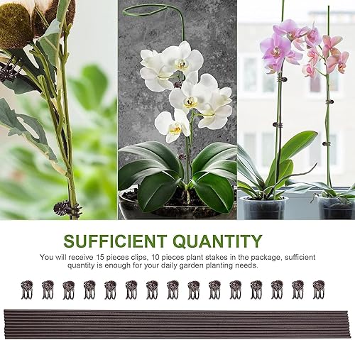 Miniatura 5 de Juego de 10 estacas de metal para plantas de jardín con 15 clips de fijación de vid, estacas de flores de un solo tallo de 15.75 pulgadas de alto,