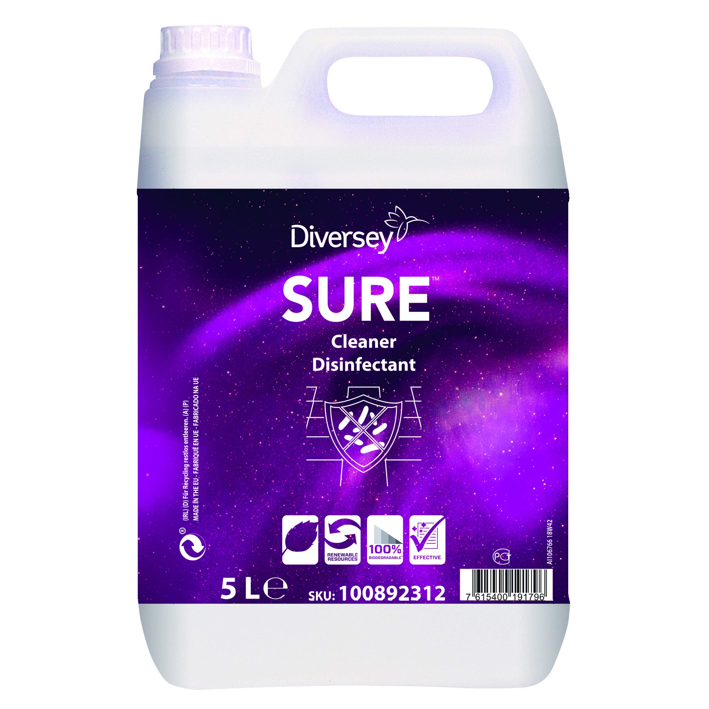 Diversey 100892312 seguro limpiador desinfectante desinfección limpiador, ecológicos y 100% biodegradables, 5 L