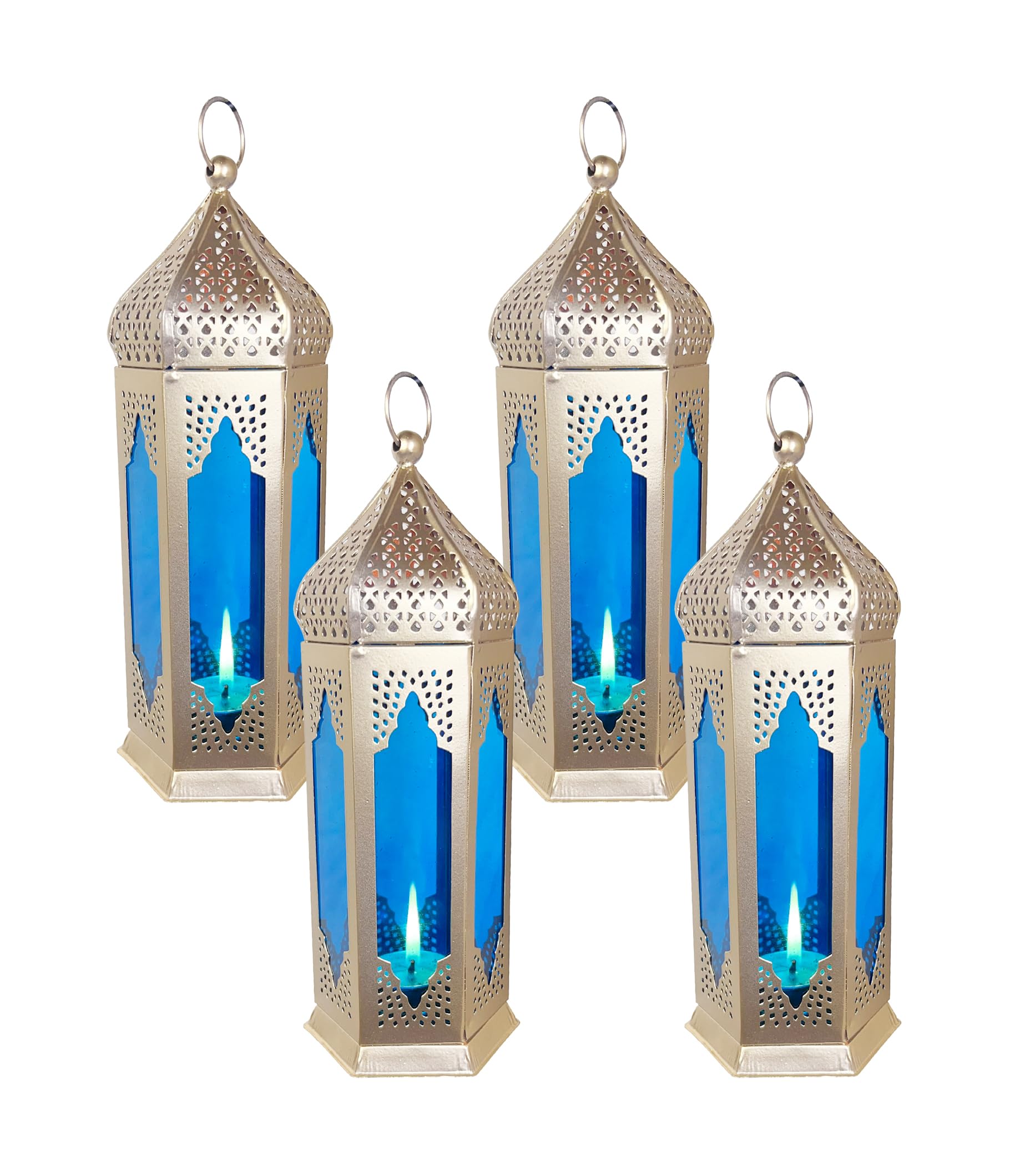 Imrab Creations Large Moroccan Metal Antique Moksha Hanging Lantern/Laltern Lamp with Tealight Candle Holder/Tabletop Centerpiece (Set of 4, Combo) (Gold-Blue)