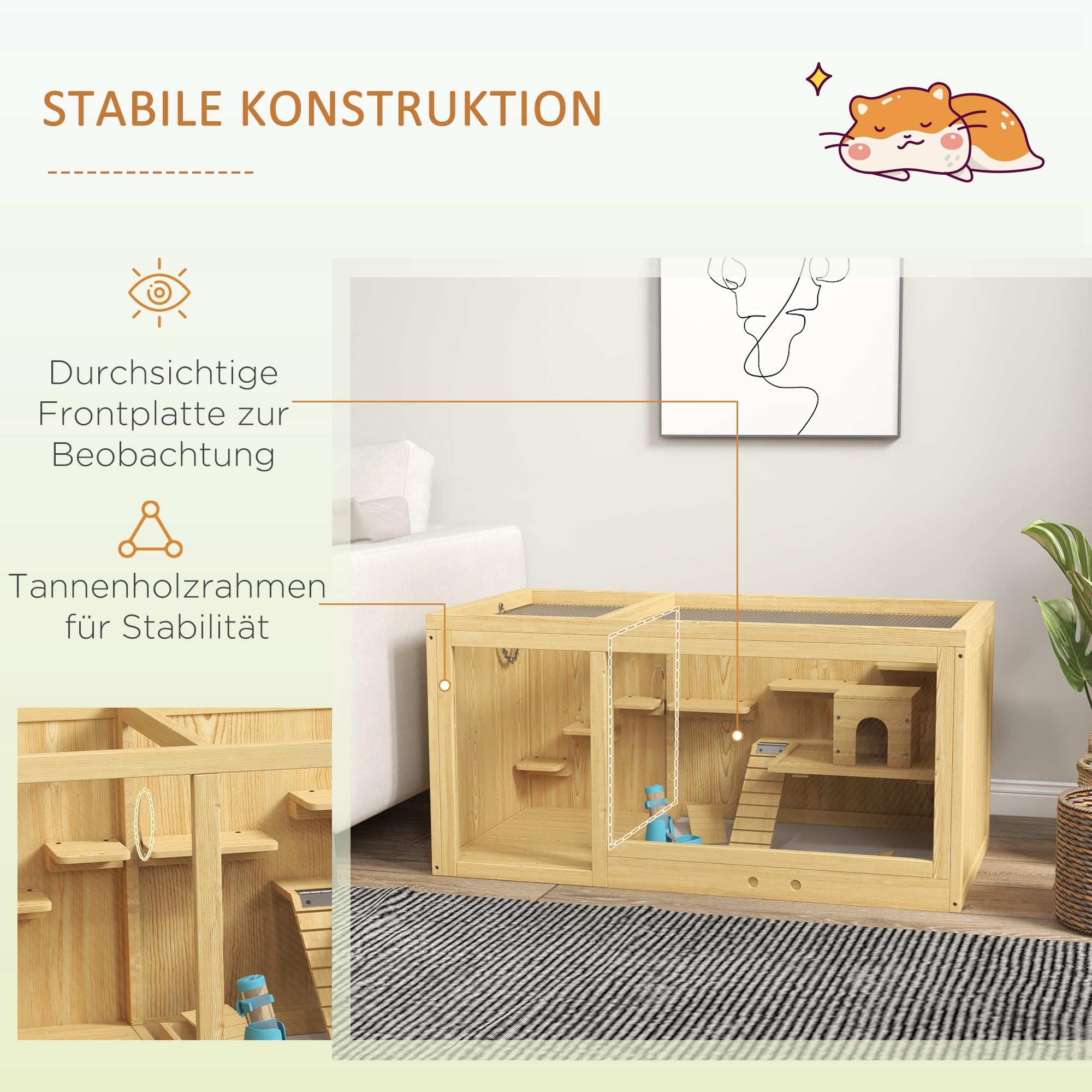 PawHut Drewniana klatka dla chomików, 100 cm, dla małych zwierząt, domek do zabawy dla małych zwierząt, domek do zabawy dla gryzoni z huśtawkami, drabinkami, otwieranym dachem, chatka, naturalna