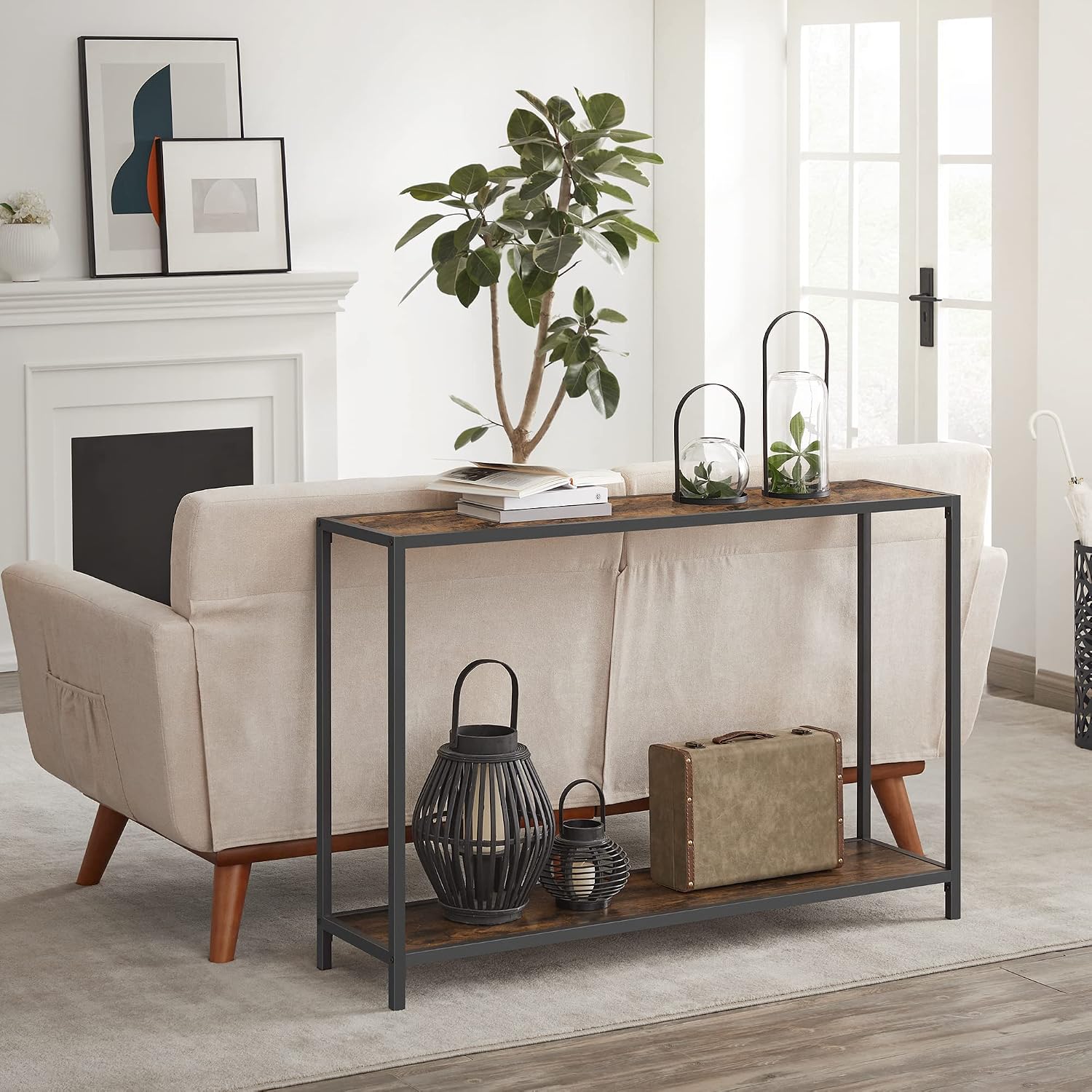 VASAGLE 47.2” Console Table for Living Room, Long Sofa Table with Storage Shelf, 2 Tier Narrow Entryway Table for Foyer, Hallway, Corridor, Steel Frame, Industrial, Rustic Brown and Black