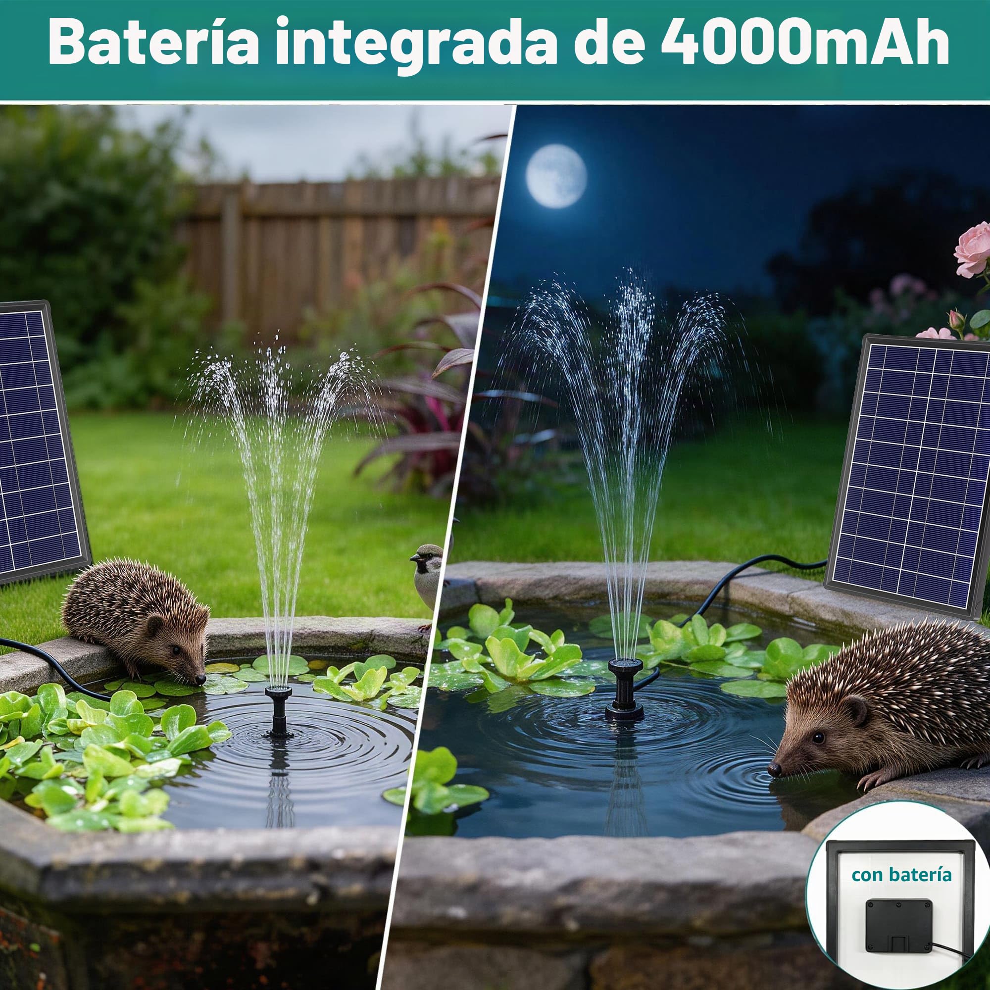 Biling Fuente Solar de 8W para Exterior con Batería de 4000mAh, Bomba de Estanque Solar Silenciosa de 300 l/h con 8 Boquillas y Manguera de Arroyo para Estanques de Jardín, Aireación hasta 500L