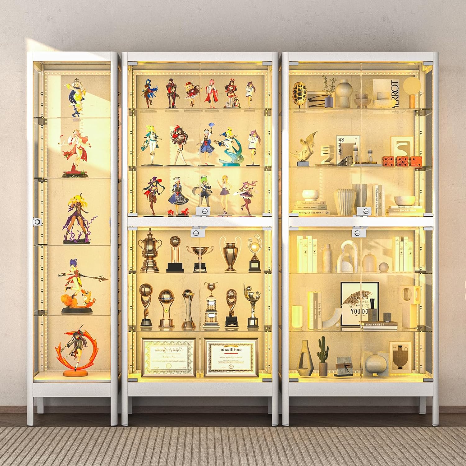 5-Tier Glass Display Cabinet with 13-Color RGB Light, 63" Locking Curio Cabinet with Glass Door & Adjustable Shelves, Metal Display Cases for Collectibles Figure Trophy 1 Door White