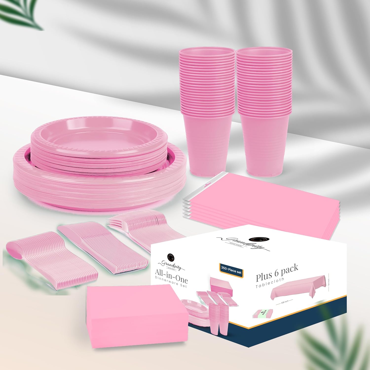 Grandipity 350 Pcs Disposable Dinnerware for 50 Guests with Plates, Cups, Napkins, Cutlery + 6 Pack Rectangle Plastic Tablecloths (54" x 108") – Party, Wedding, Birthday, BBQ – BUNDLE - PINK