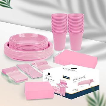 Grandipity 350 Pcs Disposable Dinnerware for 50 Guests with Plates, Cups, Napkins, Cutlery + 6 Pack Rectangle Plastic Tablecloths (54 x 108) Party, Wedding, Birthday, BBQ BUNDLE - PINK