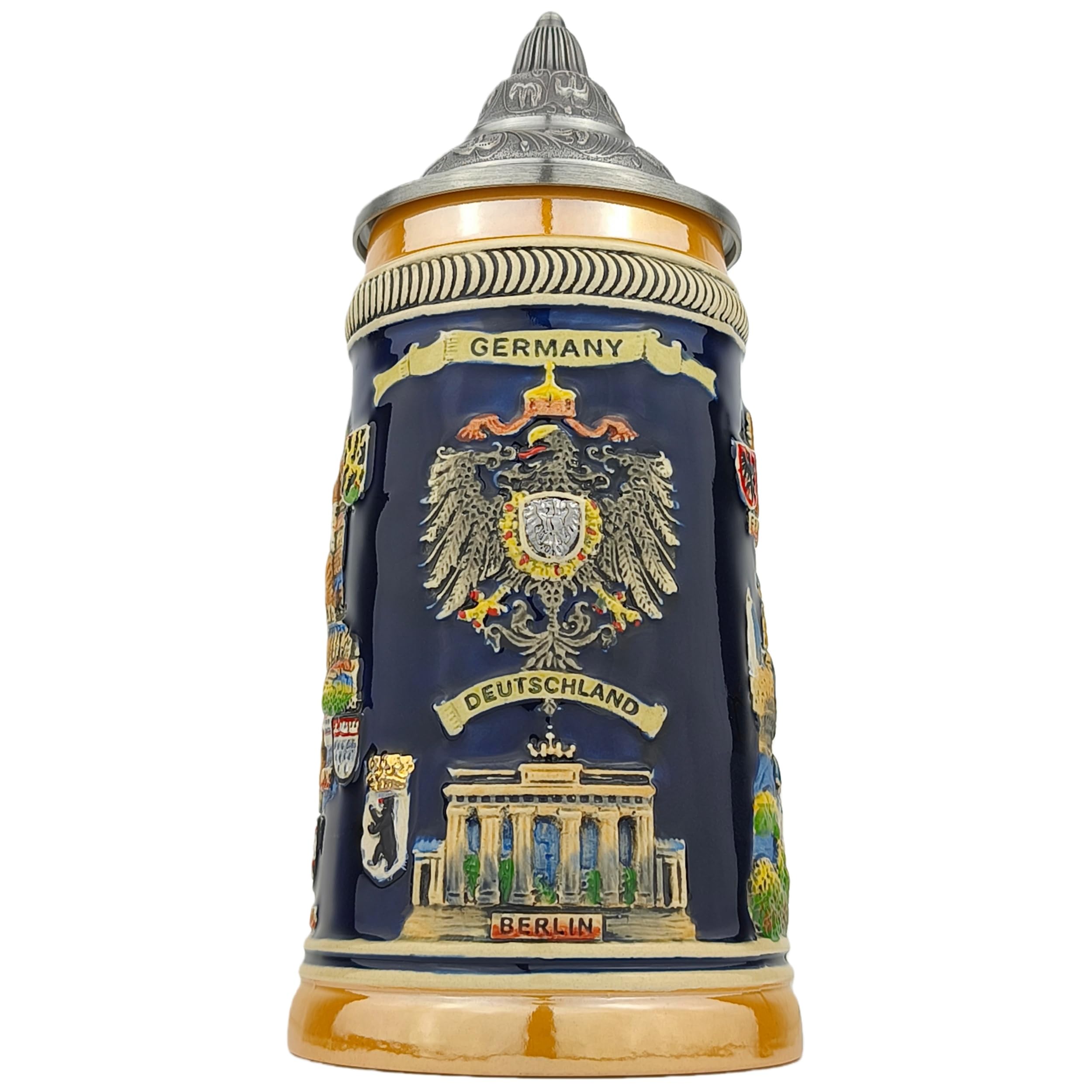 EVERSYTLE Boccale da birra con coperchio, 0,7 l, tradizionale brocca in pietra con coperchio a punta, motivo Germania, boccale da birra per casa, decorazione e collezione, regalo per uomini, papà e