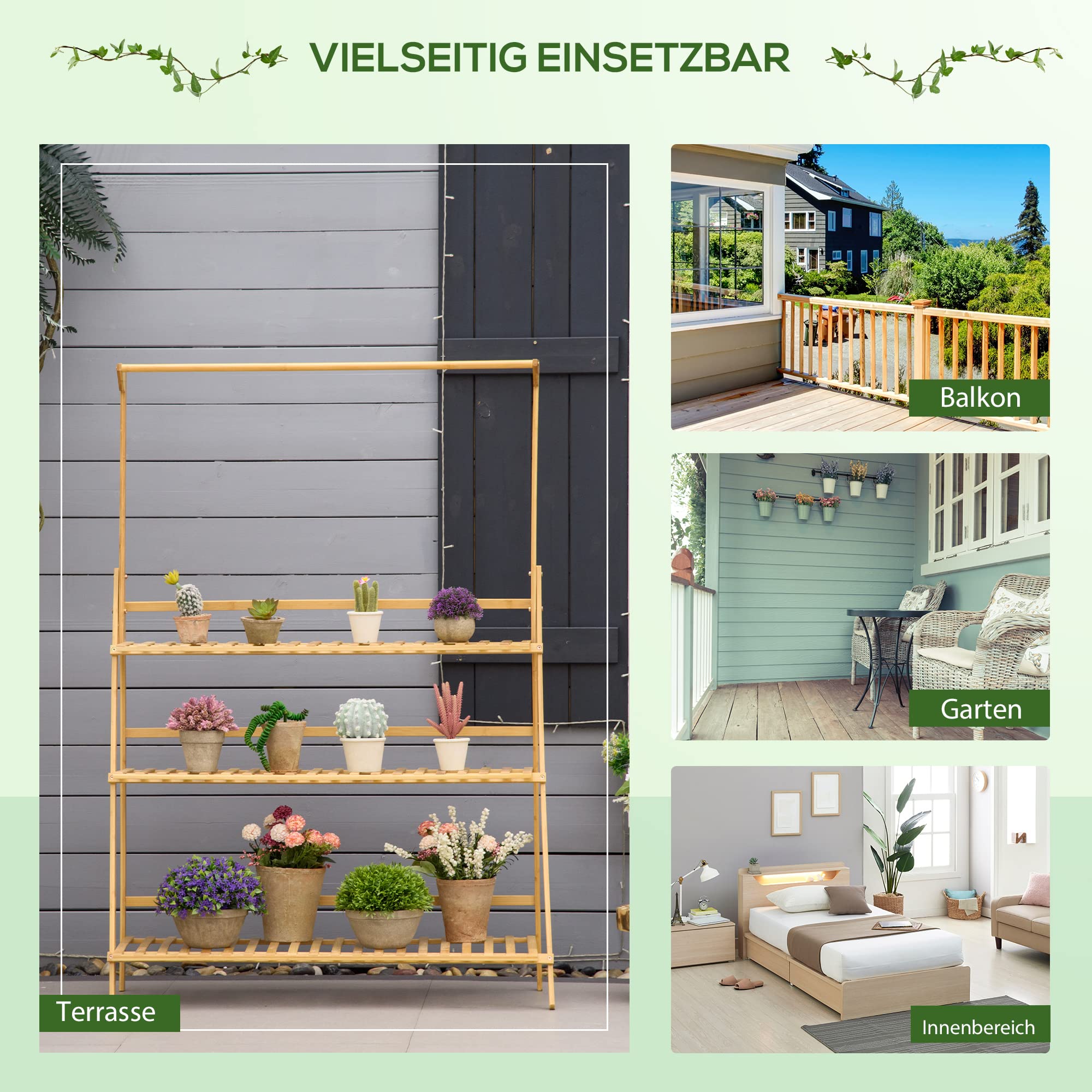 Outsunny Blumentreppe Einstellbare Hängehöhe Natur 100 x 40 x 143 cm | Aus Holz, Pflanzenständer, Leiterregal, Blumenständer, Hängende Bamboo, Innen Draußen