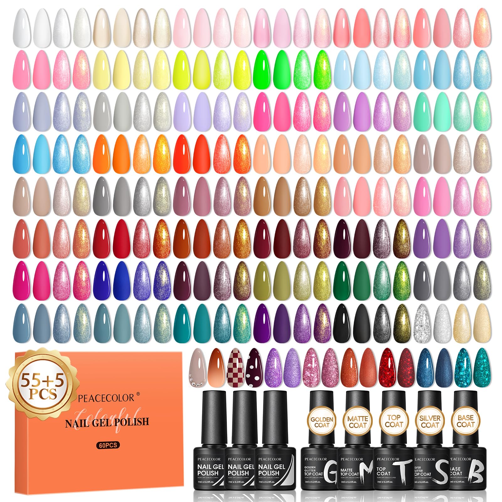 Zestaw startowy 60 żeli UV PEACECOLOR: 55 kolorów + baza i top coat. Idealny do nail artu i dla początkujących