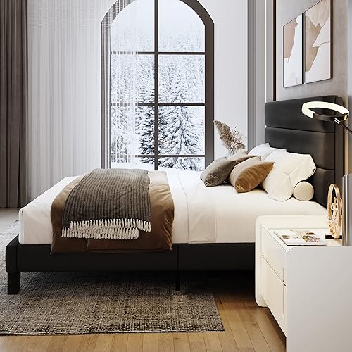 Miniatura 4 de WEEWAY Base de cama Queen con cabecera tapizada de terciopelo y soporte de listones de madera, base de colchón resistente, no necesita somier, fácil