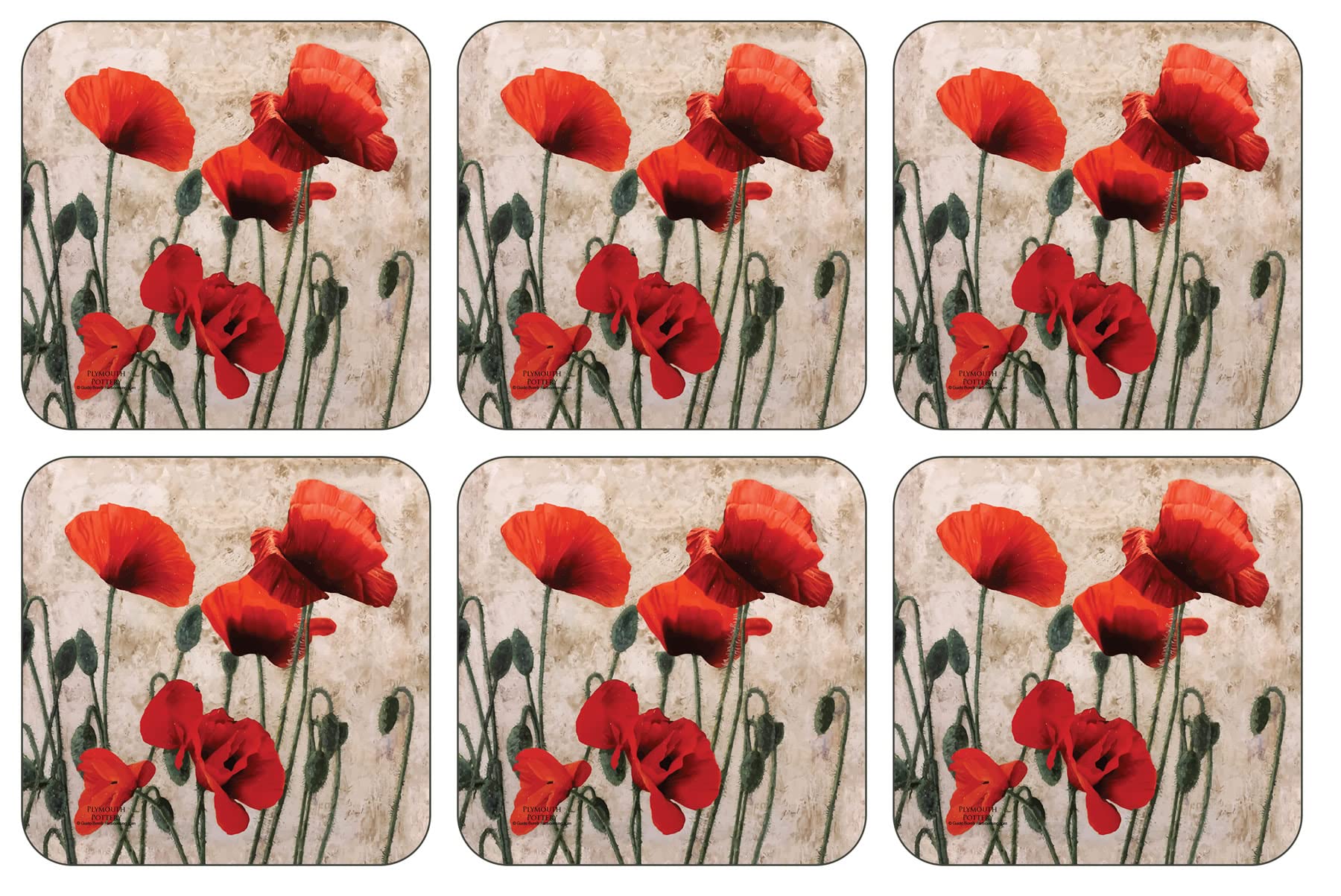 Plymouth Pottery - Red Poppies Coasters - Set of 6