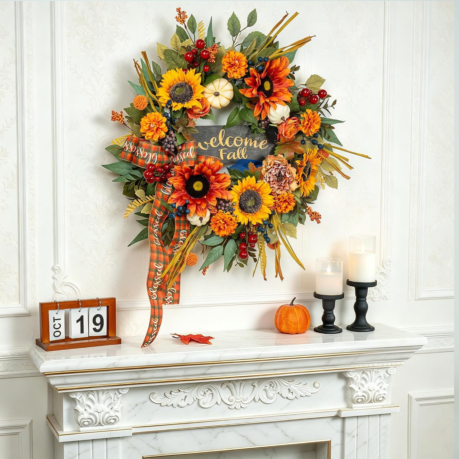24 Inch Harvest Fall Wreaths for Front Door, Rustic Harvest Autumn Wreath | Autumn Wreath with Sunflowers, Plaid Ribbon, Peonies, Roses, Blue Berries, Pumpkins and Welcome Sign, Fall Door Wreaths