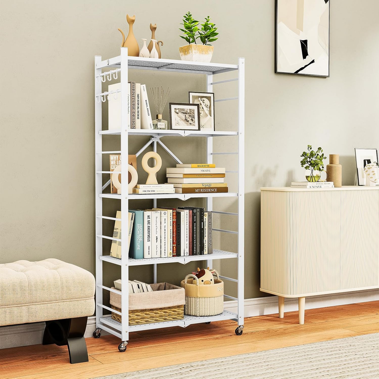 5-Tier Folding Metal Storage Shelf with Wheels & Hooks, Heavy Duty Utility Rack, No-Assembly Collapsible Organizer for Kitchen, Garage, Office, Living Room – 750 lbs Capacity, Black (White, 5-Tier)