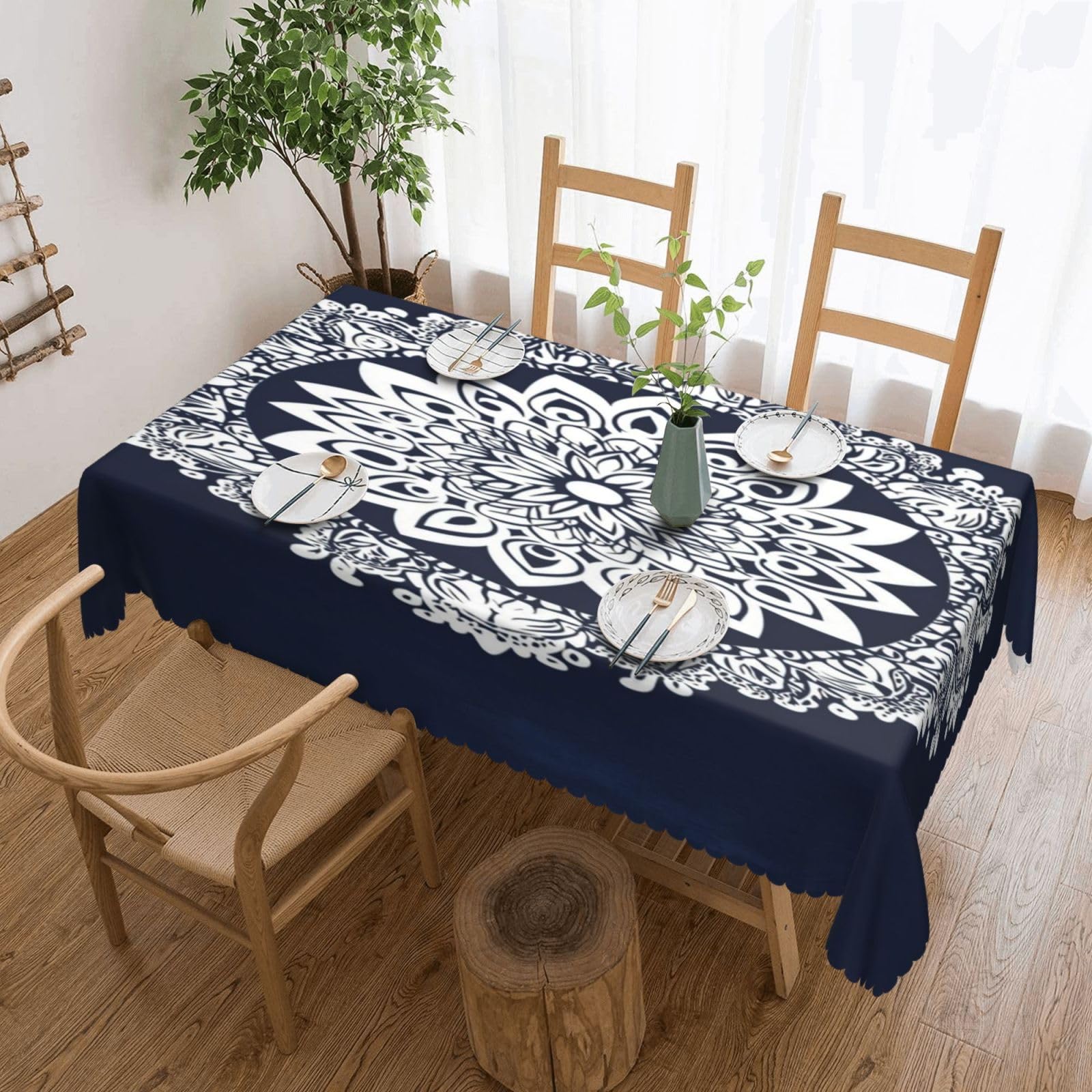 Nappe mandala blanc et bleu 137x183 cm rectangulaire antitache pour table de salle à manger