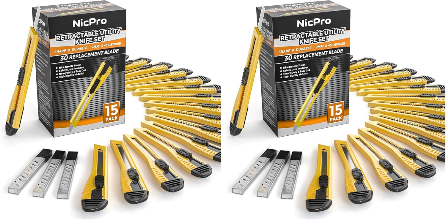 Nicpro 15 PCS Utility Knife Box Cutters Retractable Razor Knife 9mm with 30 PCS Extra Snap Off Blades for Lightweight Office, Home, Arts Crafts, Hobby (Pack of 2)